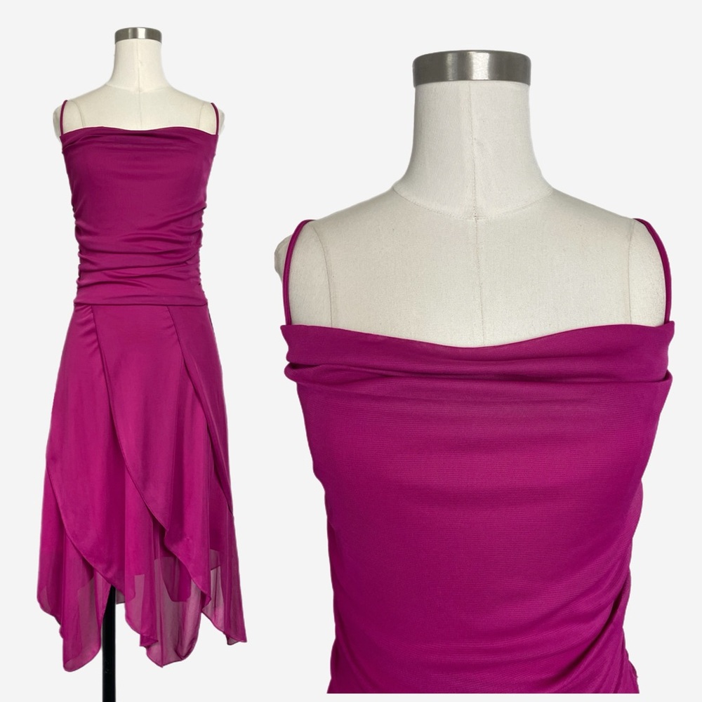 Vintage 90s Ruby Rox Pink mesh cowl neck tulip hem asymmetric dress fairy XS/S